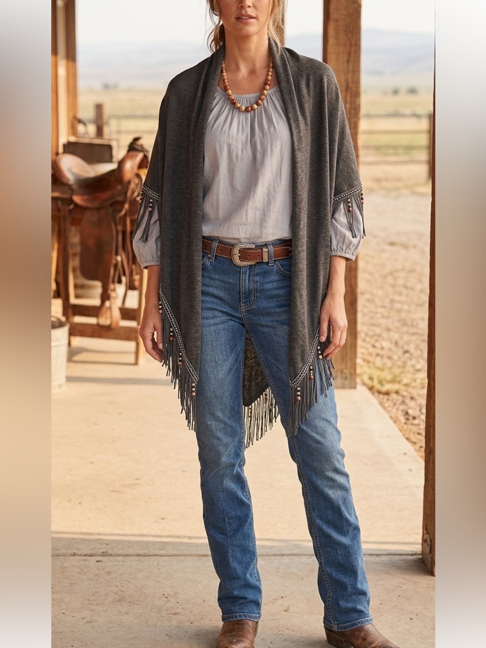Western boho gray beaded poncho shawl cover up wrap scarf skirt so may uses